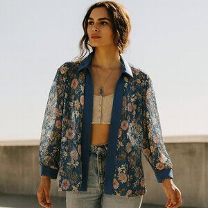 Vintage 70s Vicki Wayne's Sheer Floral Open Front Blazer Jacket M